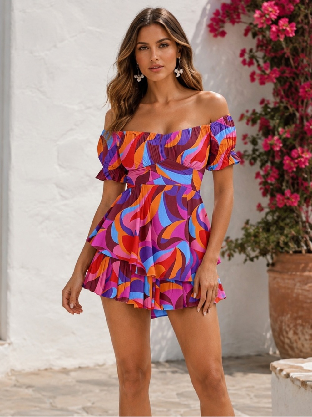 Fixmatti Women’s Color Block Off-the-Shoulder Romper Dress | Built In Shorts